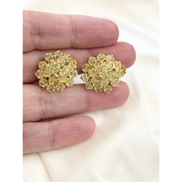 Vintage Lemon Yellow beaded cluster clip on earrings - Picture 3 of 6